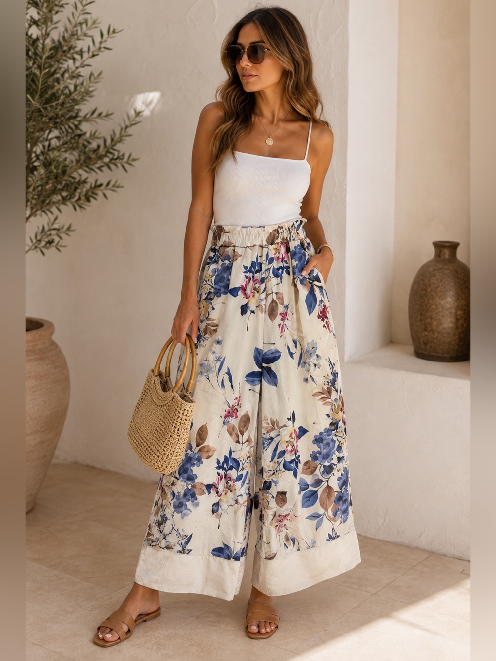 MADE IN ITALY Floral Wide Leg Pants - Blue and Brown